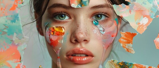 Portrait of a young beautiful woman with fluid tears of multicolored gummy bears flowing from her eyes. Beautiful modern design, modern art collage. Concept, idea, trendy urban magazine style. Copy