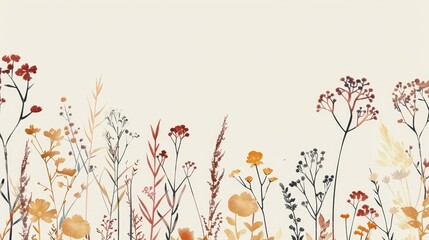 The autumn flowers design, autumn herbs, herbal plants, branches. Botanical poster, natural monochrome postcard with gentle fragile wildflowers. Blurred minimalistic flat modern illustration. - obrazy, fototapety, plakaty