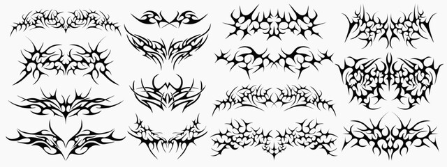 Collection Of Grunge Y2k Tattoo Streetwear Graphic Elements. Gothic Neo Tribal Cyber Sigilism Shapes Vector Design.
