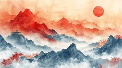 Landscape background with Japanese wave patterns. Abstract art template with geometric patterns.