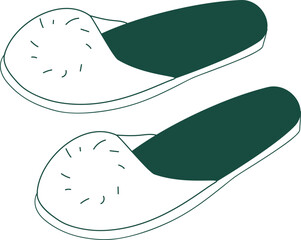 Women sleepers shoes line drawing in green in white colors. Cute home sleepers shoes template