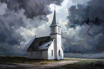 a church with a steeple and a cloudy sky - obrazy, fototapety, plakaty