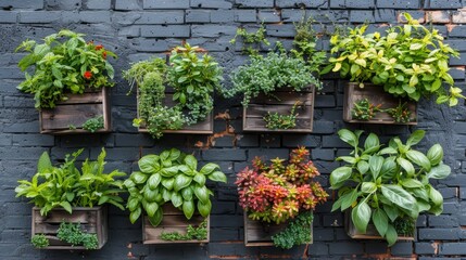 Fototapeta na wymiar Vertical garden on an apartment balcony with a variety of fresh green plants and herbs in hanging pots. Balcony herb garden concept. Generative ai
