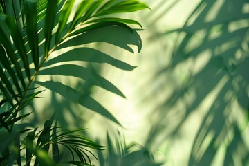 Blurred shadow from palm leaves on the green wall. Minimal abstract background for product presentation. Spring and summer