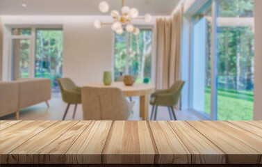 wooden table mockup, living room with windows.