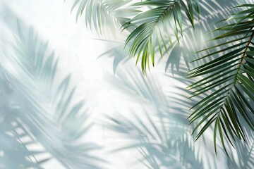 Blurred shadow from palm leaves on the light white wall. Minimal abstract background for product...