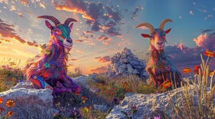 Naklejka premium Colorful patterned goats in sunset landscape. Two vibrant goats with intricate patterns stand amidst a sunset-lit wildflower landscape, symbolizing creativity and nature's beauty