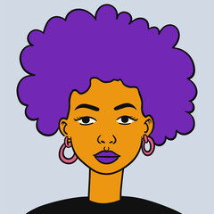 Portrait of young african american woman with purple lip, curly afro hair and piercing. Vector avatar of female character isolated on background.