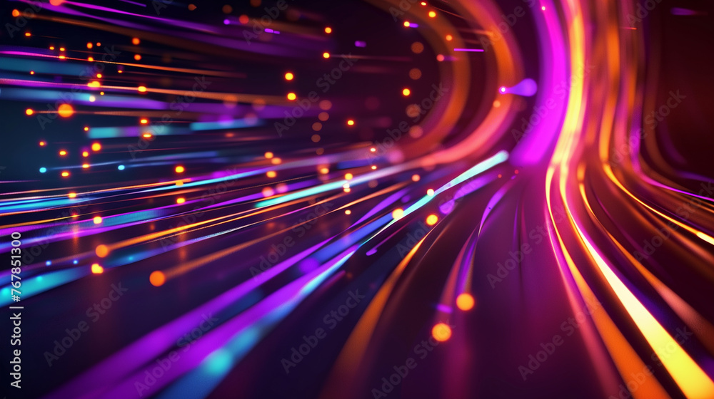 Wall mural digital abstract background with shining multicolored particles in linear motion. scientific technol