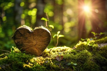 Woodland Serenity: Moss-Covered Heart in Sunlight, AI Generative
