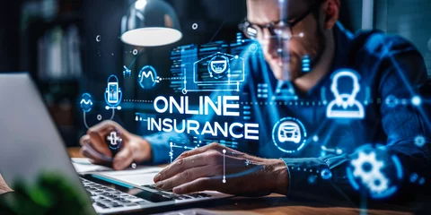Fotobehang Professional Exploring Online Insurance Services on a Digital Interface with Health, Auto, Home, and Life Insurance Options, Emphasizing the Ease of Managing Policies Virtually in the Digital Era © Bartek
