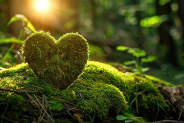Sun-Dappled Forest Affection: Mossy Heart, AI Generative
