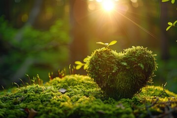 Mossy Forest Dream: Wooden Heart in Sunlight, AI Generative
 - obrazy, fototapety, plakaty