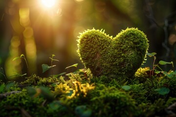 Sunlit Forest Love: Wooden Heart Amidst Moss, AI Generative
