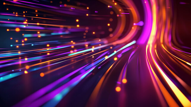 Digital Abstract Background with Shining Multicolored Particles in Linear Motion. Scientific technological networking capabilities.