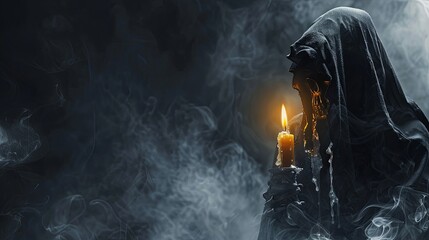 Naklejka premium Grim reaper reaching towards the camera over dark background with copy space. Scary grim reaper standing behind a melting and burning candle doing dark ceremony on haunting, Halloween event
