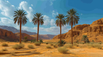 Fototapeta na wymiar A lush oasis nestled within the arid landscape of the Sahara Desert invites weary travelers to rest beneath the shade of towering palm trees, their verdant fronds swaying gently in