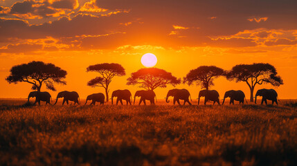 A majestic herd of elephants traverses the golden savanna at sunrise, their silhouettes cast...