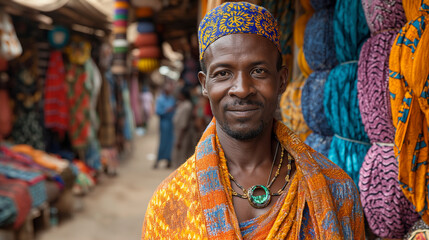 Fototapeta na wymiar A bustling market teems with life as vendors from across the continent gather to showcase an array of colorful textiles, handcrafted jewelry, and exotic spices, creating a vibrant