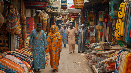 Fototapeta na wymiar A bustling market teems with life as vendors from across the continent gather to showcase an array of colorful textiles, handcrafted jewelry, and exotic spices, creating a vibrant