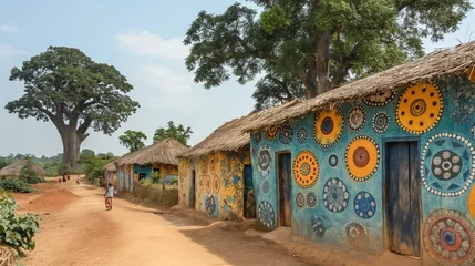 Fototapeten The vibrant colors and intricate patterns of traditional African textiles adorn the walls of a lively village, where children play and elders share stories beneath the shade of tow © Наталья Евтехова