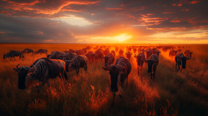 Against the backdrop of a fiery sunset, a herd of wildebeest embarks on its annual migration across the Serengeti, a spectacle of nature that has unfolded for millennia, symbolizin - obrazy, fototapety, plakaty