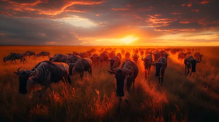 Deurstickers Against the backdrop of a fiery sunset, a herd of wildebeest embarks on its annual migration across the Serengeti, a spectacle of nature that has unfolded for millennia, symbolizin © Наталья Евтехова