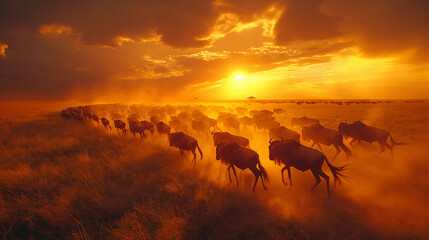 Against the backdrop of a fiery sunset, a herd of wildebeest embarks on its annual migration across the Serengeti, a spectacle of nature that has unfolded for millennia, symbolizin - obrazy, fototapety, plakaty