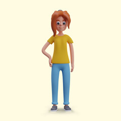 Female realistic character in jeans. Red haired woman stands with her hand on her waist