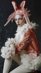A young woman poses in a whimsical rabbit costume, complete with oversized red and white ears and a textured jacket, exuding a fairy-tale charm