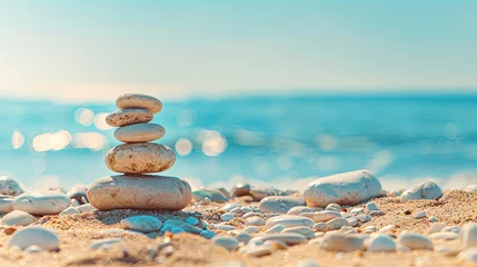 Papier Peint photo Lavable Pierres dans le sable Vacation relax summer holiday travel tropical ocean sea panorama landscape stack of round pebbles stones on the sandy sand beach, with ocean in the background Mental Health Practice harmony balance.