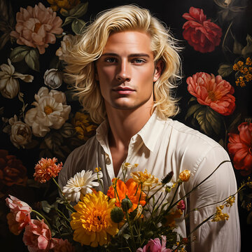 Blonder Mann mit Blume