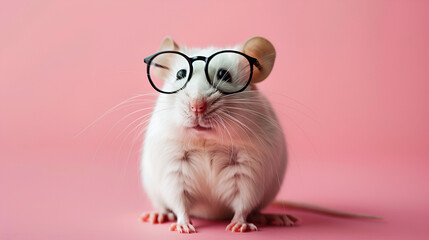 Cute white rat with glasses on a pink background with copy space, generative ai