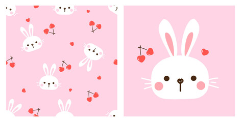 Fototapeta na wymiar Seamless pattern with bunny rabbit cartoons and heart shape cherry fruit on pink background vector.