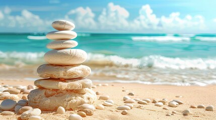 Fototapeta na wymiar Vacation relax summer holiday travel tropical ocean sea panorama landscape stack of round pebbles stones on the sandy sand beach, with ocean in the background Mental Health Practice harmony balance.
