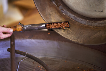 Coffee beans, machine and hands in factory for roast, grinding or production for flavor, export or...