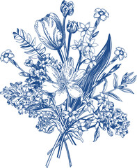 Floral blooming bouquet. Thank you card. Botanical vintage illustration. Blue drawing. - 767853383
