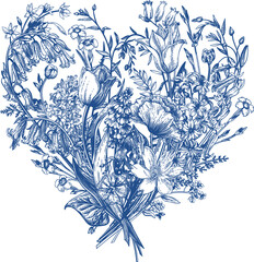 Floral heart with garden blooming flowers. Botanical illustration. Blue drawing.