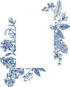 Fototapeta Wedding invitation with spring and summer garden flowers. Botanical illustration. Blue drawing.