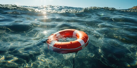 Orange lifebuoy in the sea on the water. Generative AI - obrazy, fototapety, plakaty