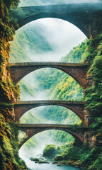 Rainbow Bridge. Arching across a misty gorge, a rainbow bridge connects two worlds.