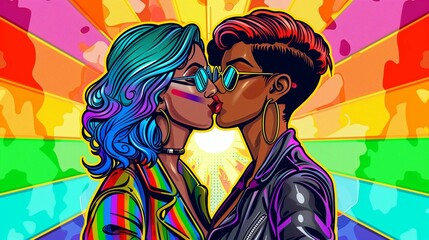 Vibrant digital art of two women kissing, colorful graffiti background