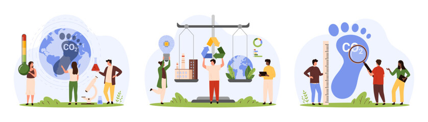 Carbon footprint effect analysis set. Tiny people measure impact of greenhouse gas on environment, compare global balance of waste recycle and ecology pollution on scales cartoon vector illustration