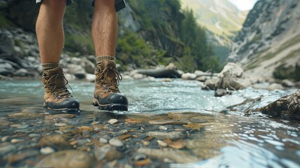 View from mountains Hiking hiker traveler landscape adventure nature outdoors sport background panorama  Close up of feets with hiking shoes from a man or woman walking in the rive. - obrazy, fototapety, plakaty