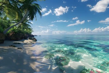 Fototapeta na wymiar Tropical Paradise: Palm-fringed beach with crystal-clear waters and vibrant marine life.