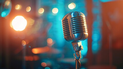 Capture the essence of performance, A vintage microphone on stage, bathed in warm lamp lighting...