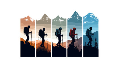 Collection of Hiker in mountains silhouettes. Vector illustration desig
