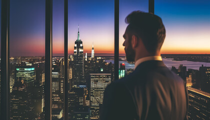 Back view of a businessman in office standing in front of a skyline of a modern city at blue hour.