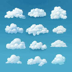 Cartoon white clouds icon set isolated on blue background. Cloudscape in flat style. Blue sky cloud weather symbol. Vector illustration cloudy panorama - obrazy, fototapety, plakaty