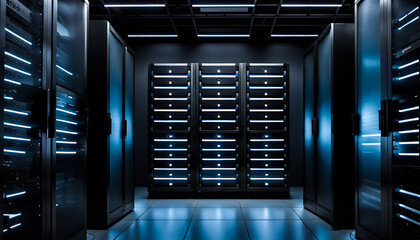 Data Center full of computer and server rack. Information storage warehouse. Cyber security concept